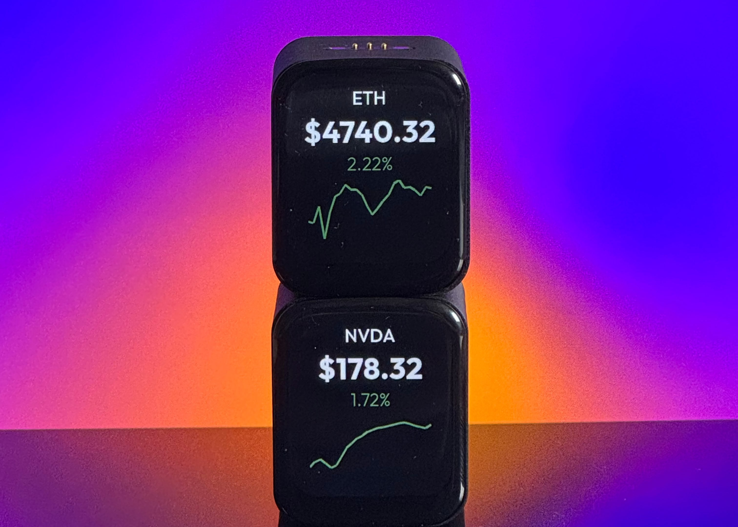 Two Wealth Tracker devices stacked showing live prices